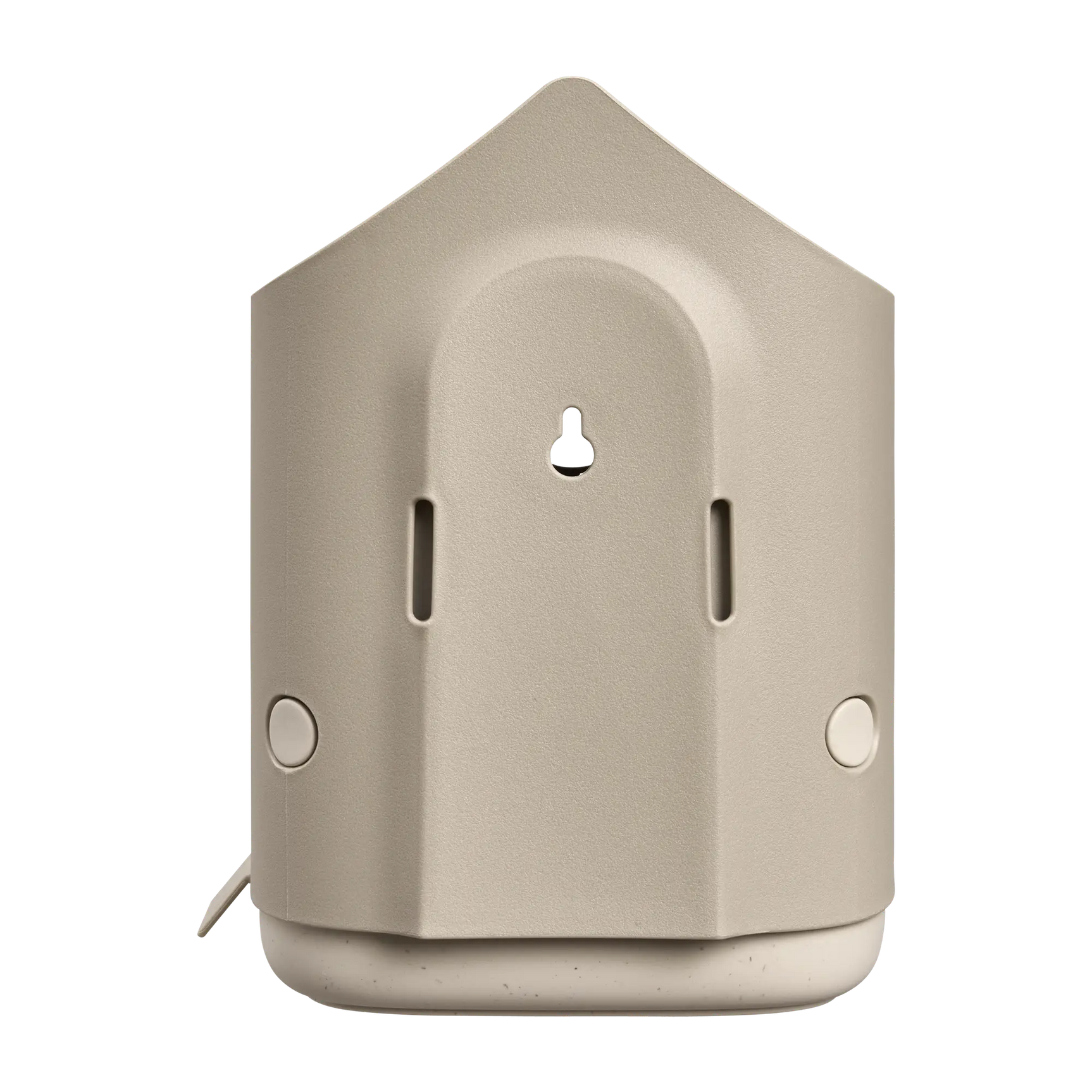 Beige vogelhuisje met verticale opening en smalle uitsparingen aan de zijkant