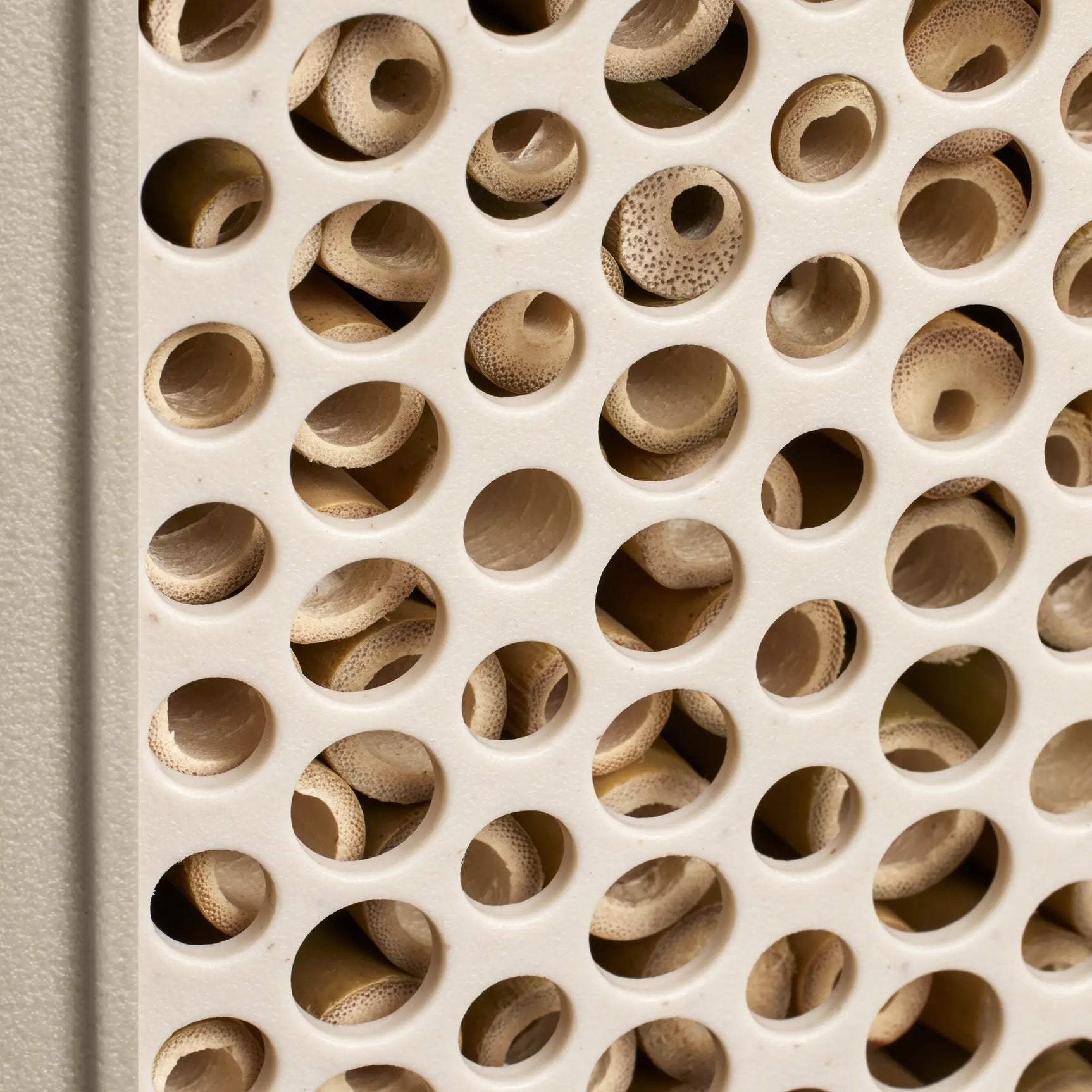 Elho insectenhotel, close-up van beige front met rijen ronde buisopeningen