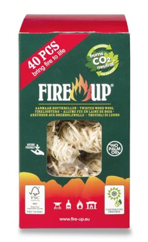 FireUp houtwol aanmaakwokkels, 40 stuks, verpakking met aanmaakvulling.