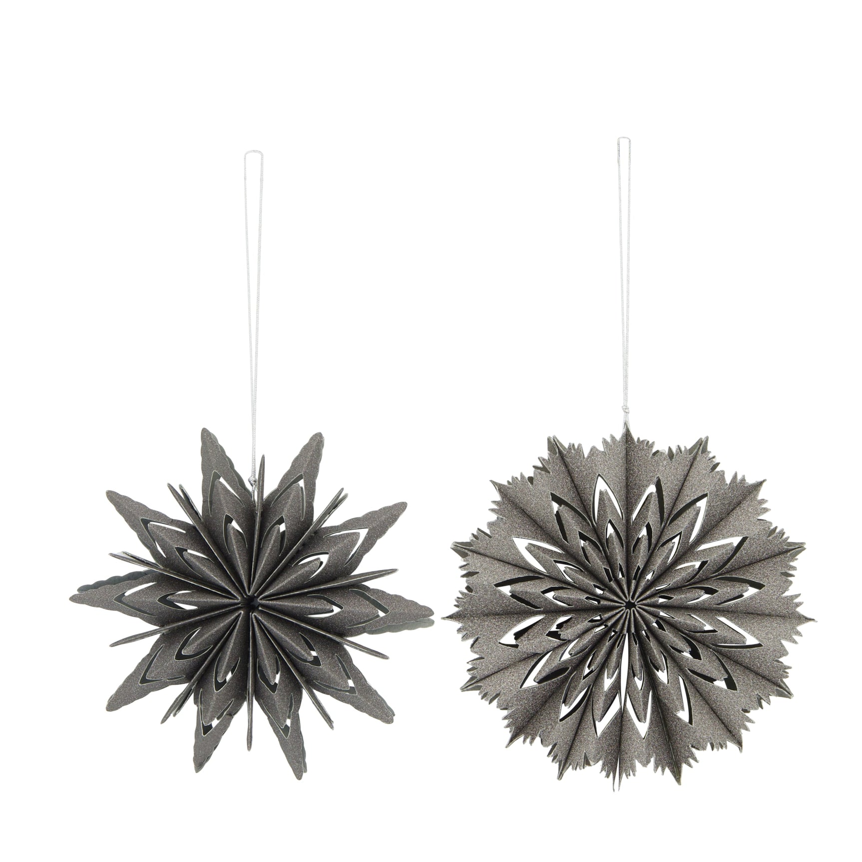 Papieren hangdecor met glitter, grijze sterbloem, set van 2, met ophangkoord