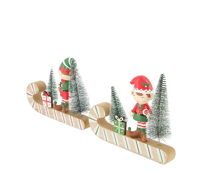 Kersthulpfiguur op houten slee met dennenboom en geschenkdoosjes, geassorteerde variant