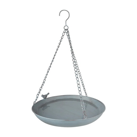 Hangend vogelbad van lichtgrijs met ronde schaal en metalen hangkettingen