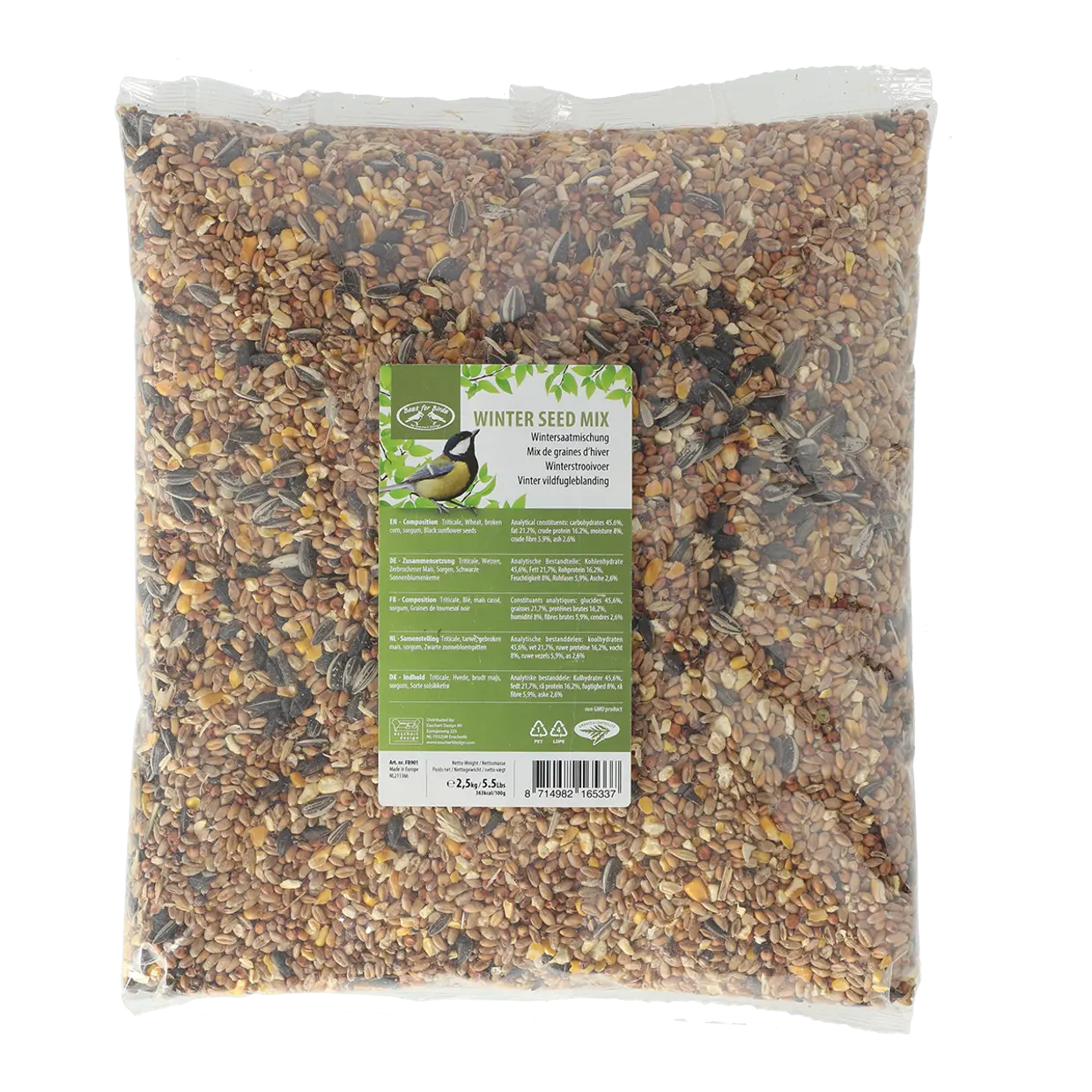 Winterzaadmix voor vogels in doorzichtig zakje met groen etiket, 2,5 kg