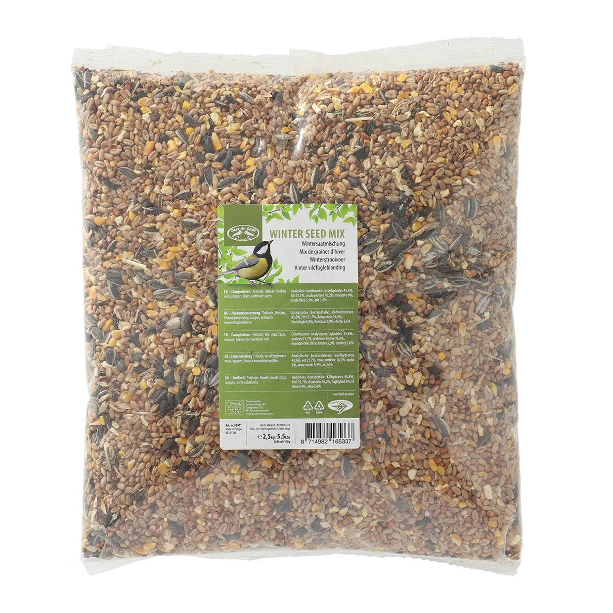Winterzaadmix voor vogels in doorzichtig zakje met groen etiket en keuringsinfo