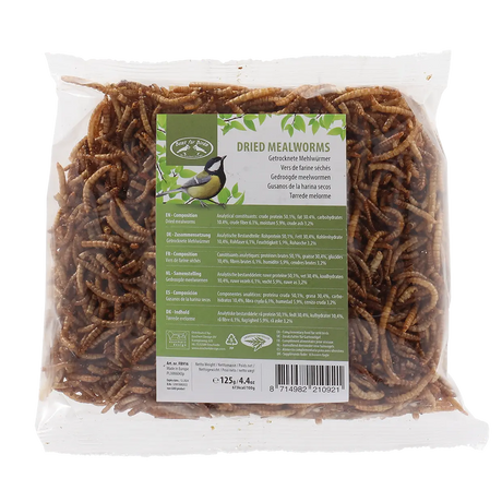 Zak met gedroogde meelwormen met etiket in doorzichtige verpakking, 125 g