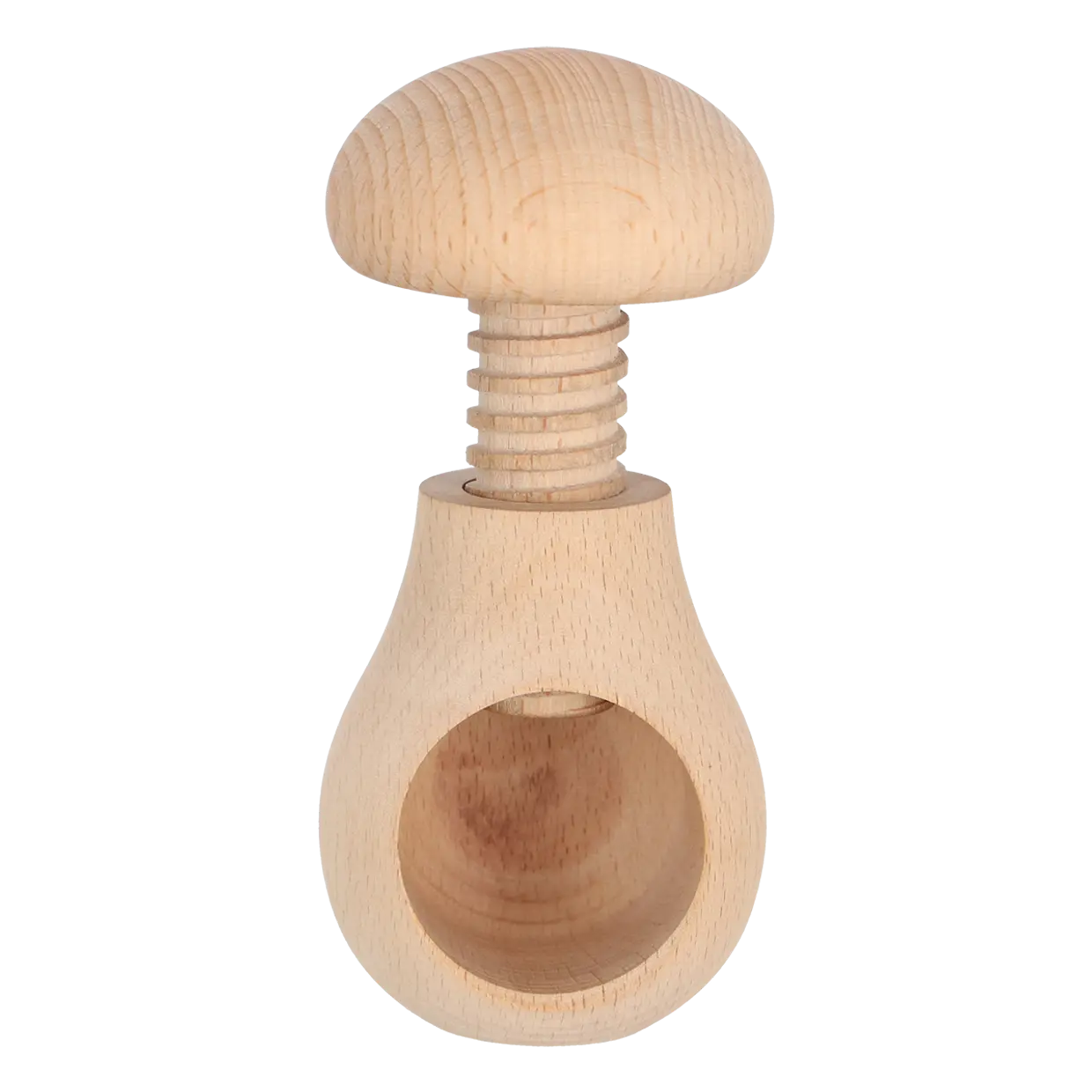 Houten notenkraker met ronde kop en voet; voorste holte in onbehandeld hout.