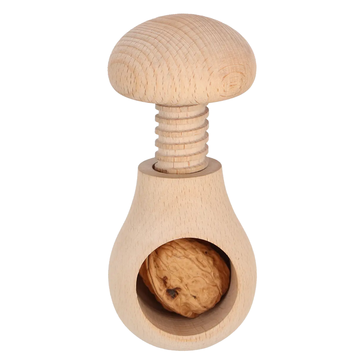 Houten notenkraker met ronde kop; holte met ingeklemde houten noot.