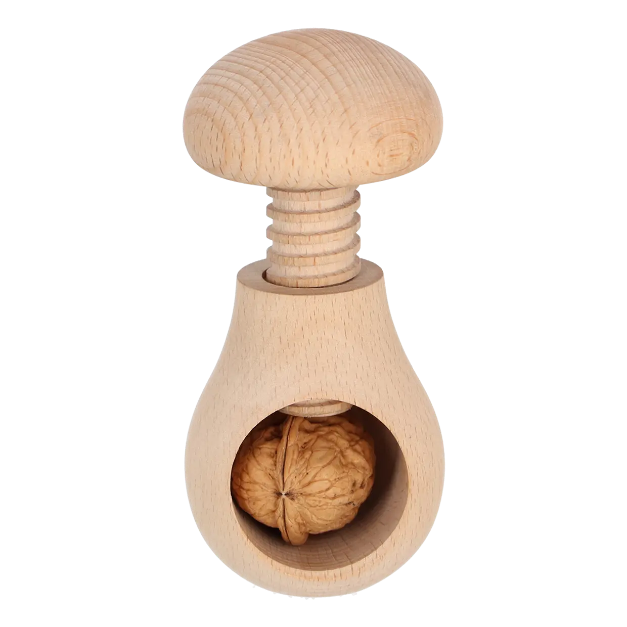 Houten notenkraker met ronde kop; holte met ingeklemde houten noot in detail.