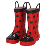 Rode kinderlaarzen met zwarte stippen, zwarte neus met lieveheersbeestgezicht en handvatten.