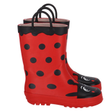 Rode kinderlaars met zwarte stippenprint, zwarte neus met lieveheersbeestgezicht en handvat.