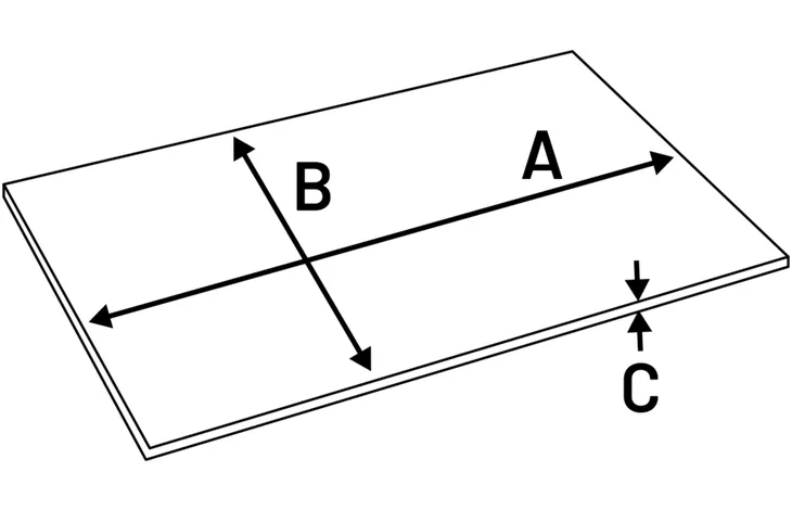 Rechthoekige koelmat met afmetingen A, B en C aangegeven
