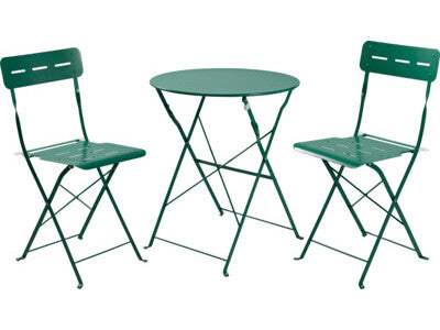 Bistroset met ronde tafel en 2 klapstoelen, matgroene metalen zittingen en rugdelen.