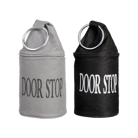 Set deurstoppers met ring, grijze en zwarte stoffen cilinders met DOOR STOP