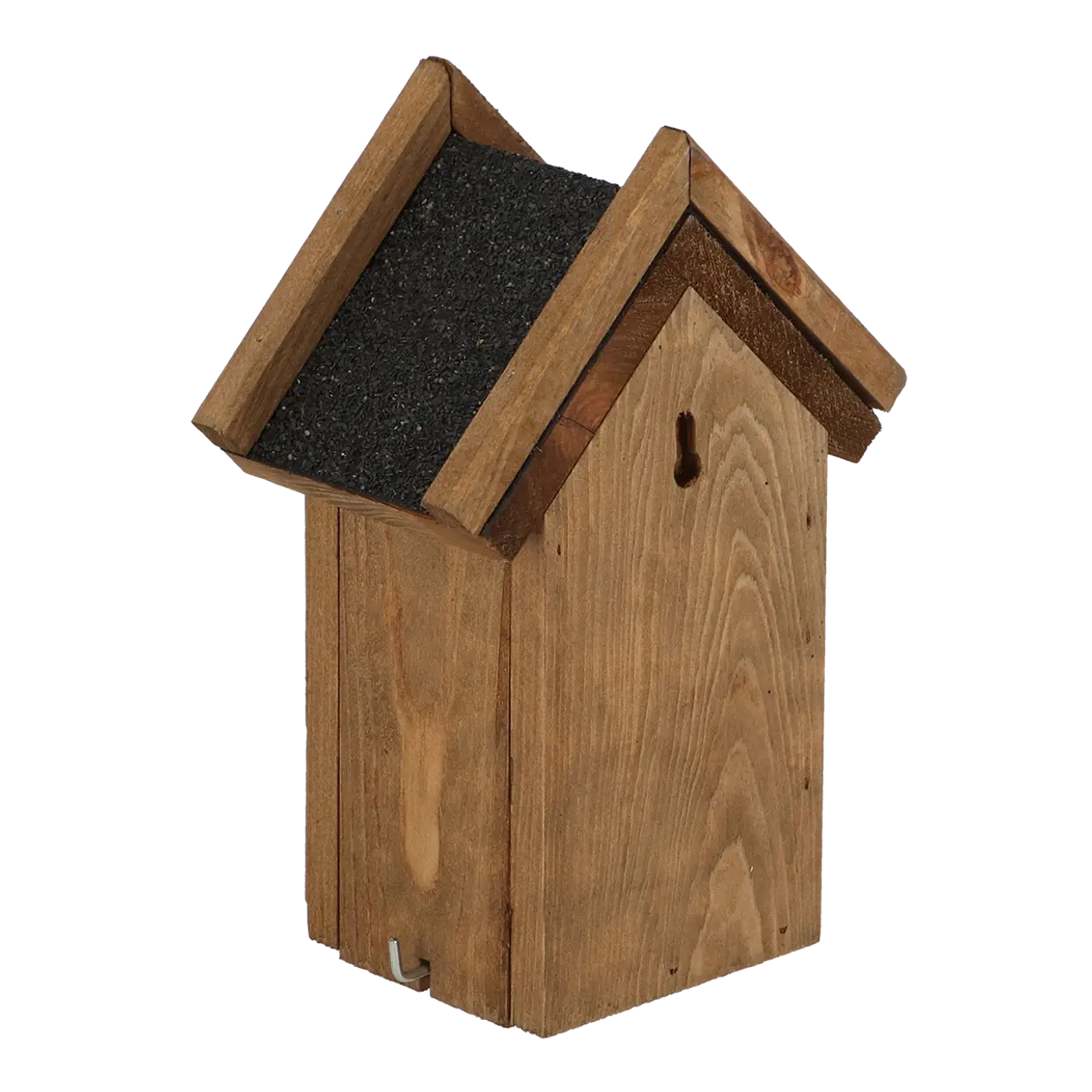 Vogelhuisje van hout met rond invlieggat, opklapbaar dak en zwart dakvlak