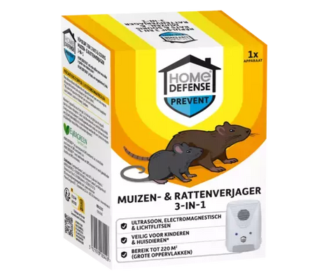 Muizen- en rattenverjager HOME DEFENSE® doos met staand apparaatillustratie