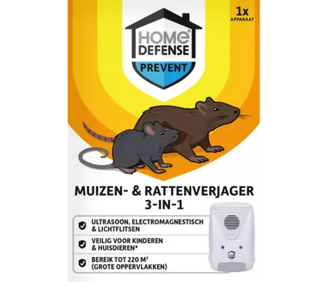 Muizen- en rattenverjager HOME DEFENSE® verpakking met muizen- en rattenillustraties