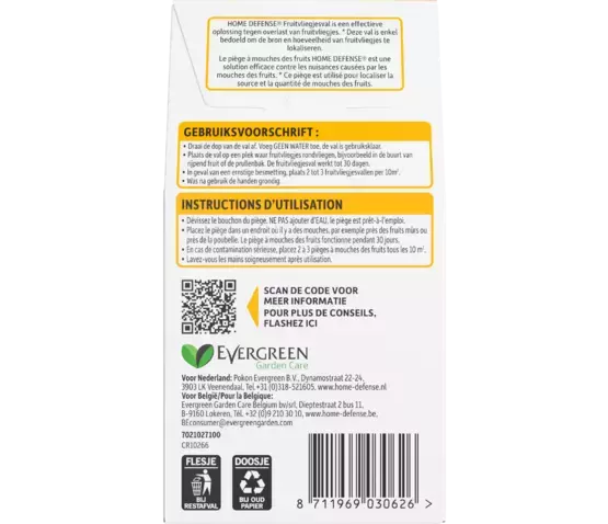 Fruitvliegjesval HOME DEFENSE, achterzijde verpakking met gebruiks- en instructietekst