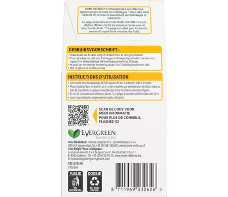 Fruitvliegjesval HOME DEFENSE, achterzijde verpakking met gebruiks- en instructietekst