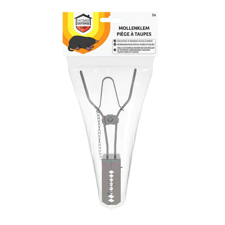 Mollenklem van metaal met ketting en klemarmen, in originele verpakking van HOME DEFENSE®