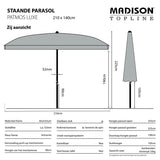 Staande parasol zijaanzicht met grijs parasoldoek, metalen paal en ronde voet