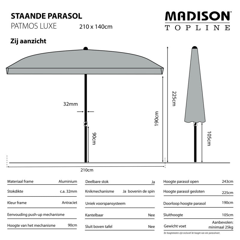 Taupekleurige parasol op staander, zijaanzicht met afmetingen.