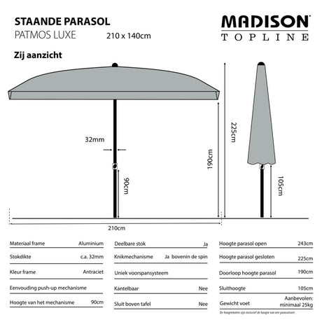 Taupekleurige parasol op staander, zijaanzicht met afmetingen.