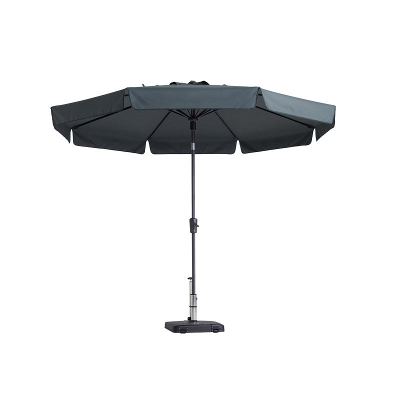 Grote parasol met grijze kap en metalen paal, inklapbare constructie