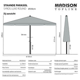 Ronde parasol Syros Luxe met grijze kap en frame, zijaanzicht met afmetingen