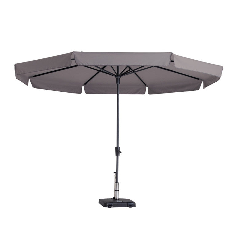 Taupekleurige parasol met open doek en metalen middenpaal, ronde voet