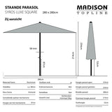 Vierkante parasol met lichtgrijs doek en aluminium mast, zijaanzicht