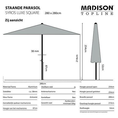 Vierkante parasol met lichtgrijs doek en aluminium mast, zijaanzicht