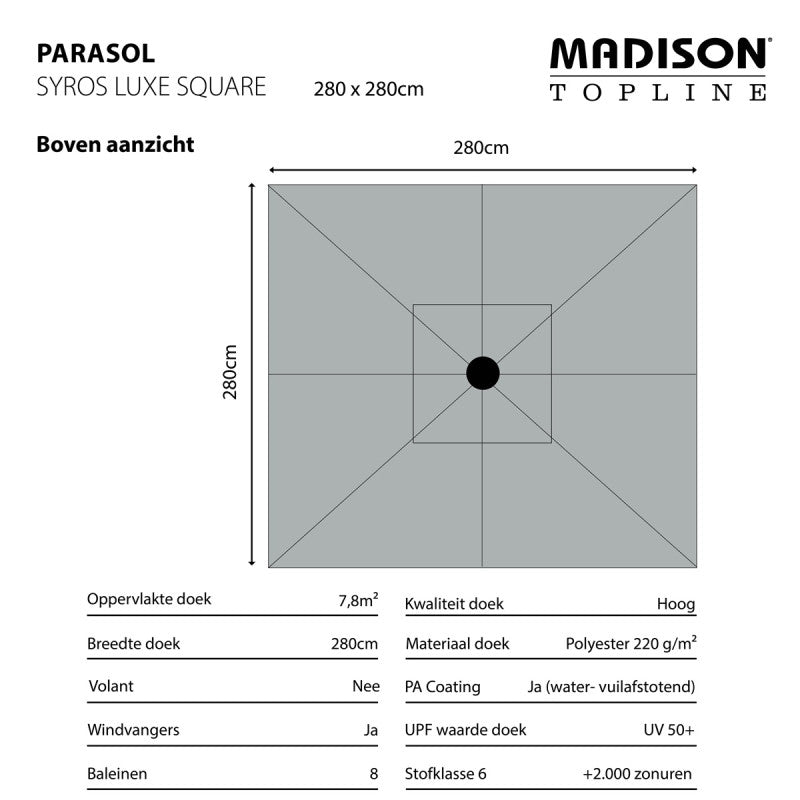 Parasol van boven: vierkant ecru doek met kruispunten rond de middenknop.