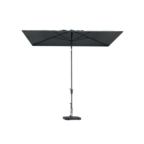 Grote grijze parasol met open doek en centrale paal op voet