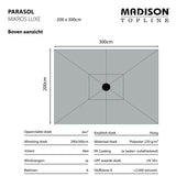 Grijze parasol 200x300 cm, bovenaanzicht met open doek en centrale knop