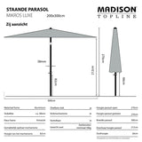 Staande parasol zijaanzicht, ecru doek 200x300 cm op 212 cm mast