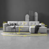 Rechter chaise longue bank in groen, met maatlijnen over zitting en chaise