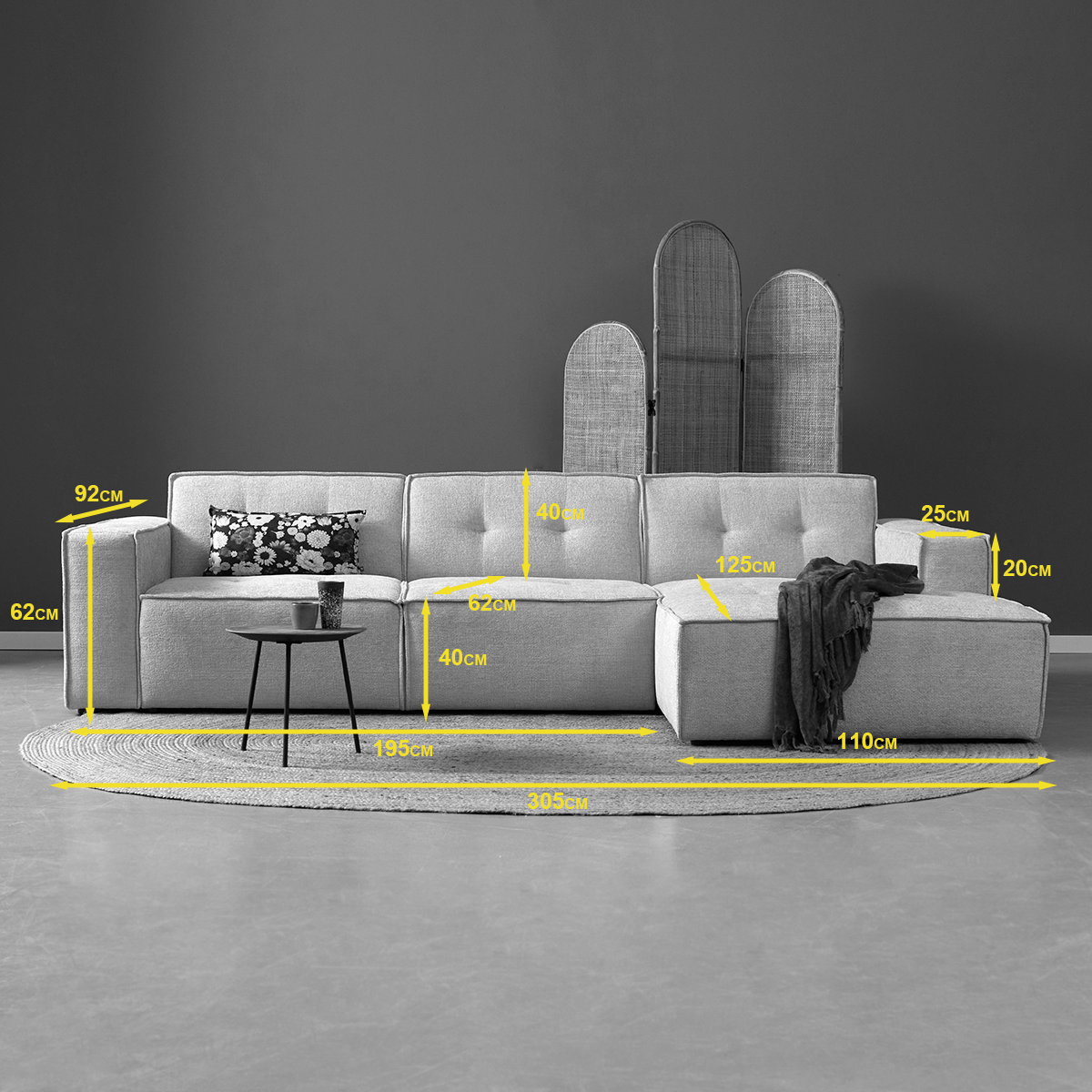 Rechter chaise longue bank in groen, met maatlijnen over zitting en chaise