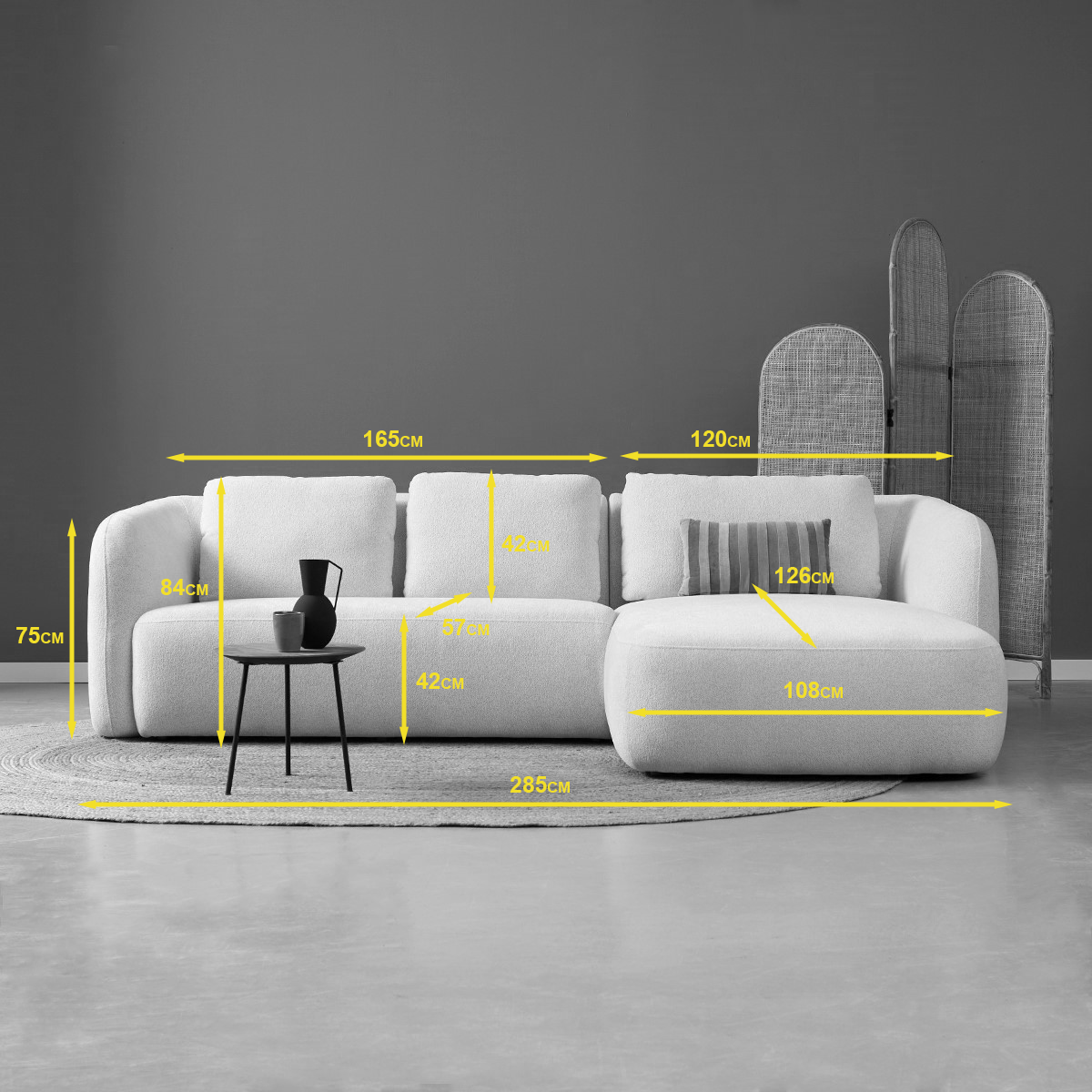 CLOUD chaise longue links in lichtbeige, met afmetingen (diagram)