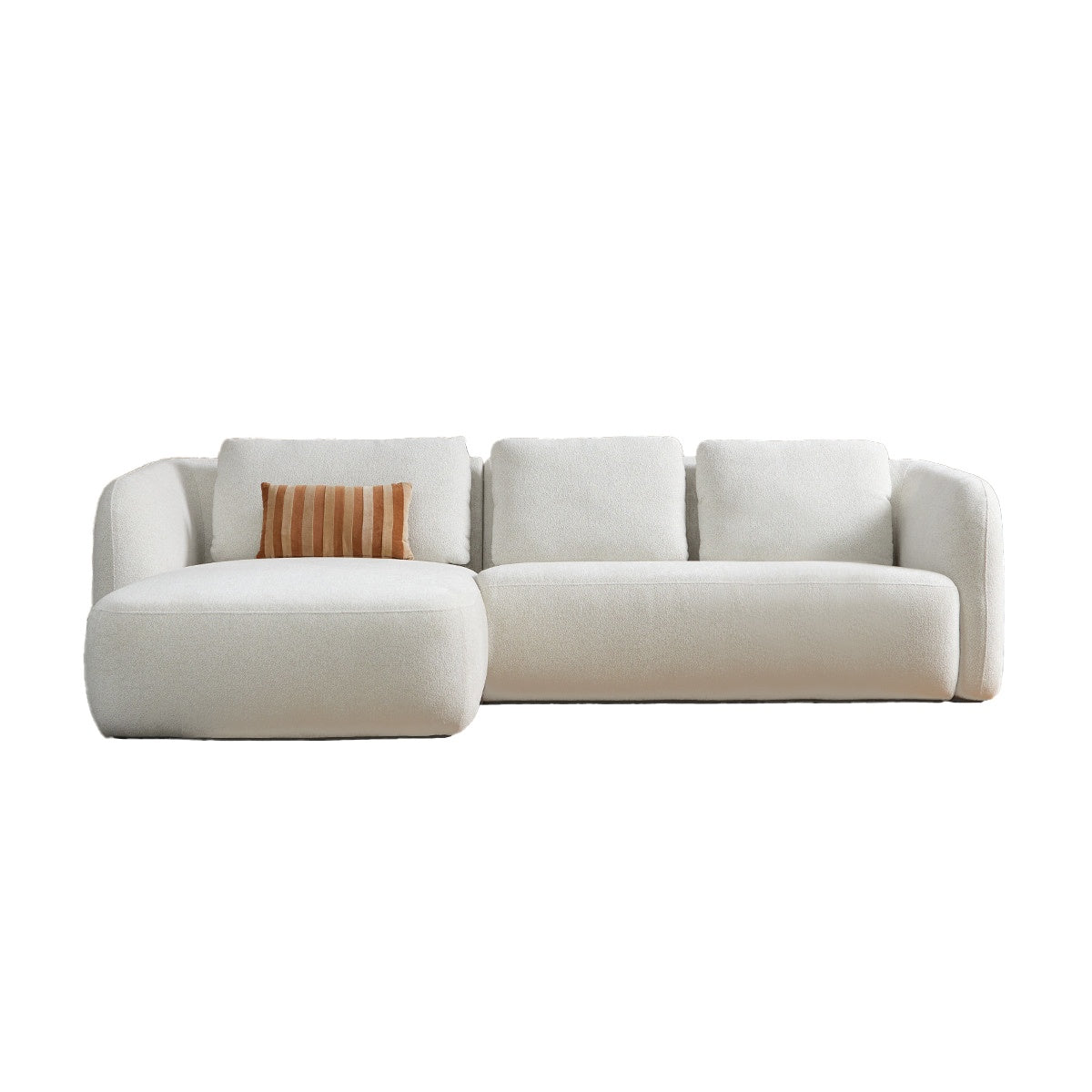 Lichtbeige chaise longue links met losse kussens en sierkussen met strepen