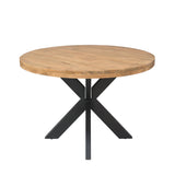 Ronde eettafel met houten blad en zwart metalen X-poten