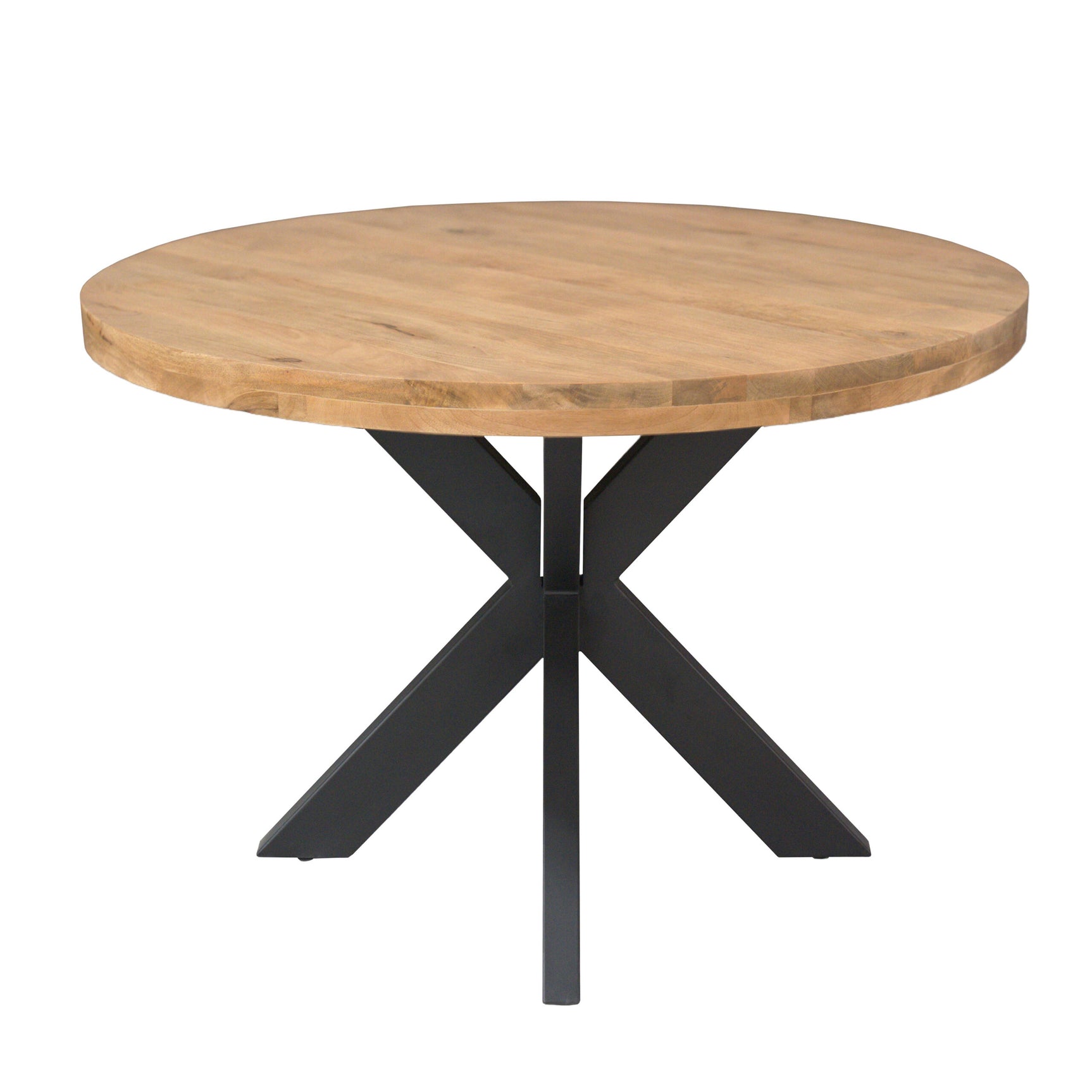 Ronde eettafel met rond houten blad en zwarte, kruiselings geplaatste poten
