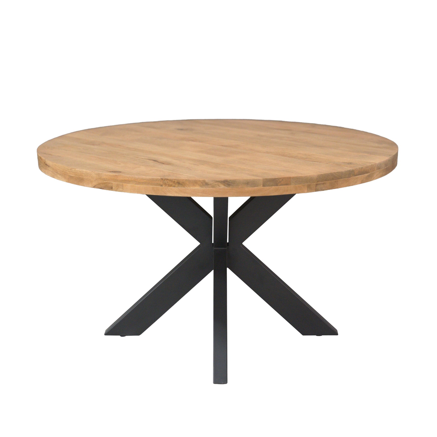 Ronde eettafel met houten blad en zwarte kruispoten, ronde tafelbladrand