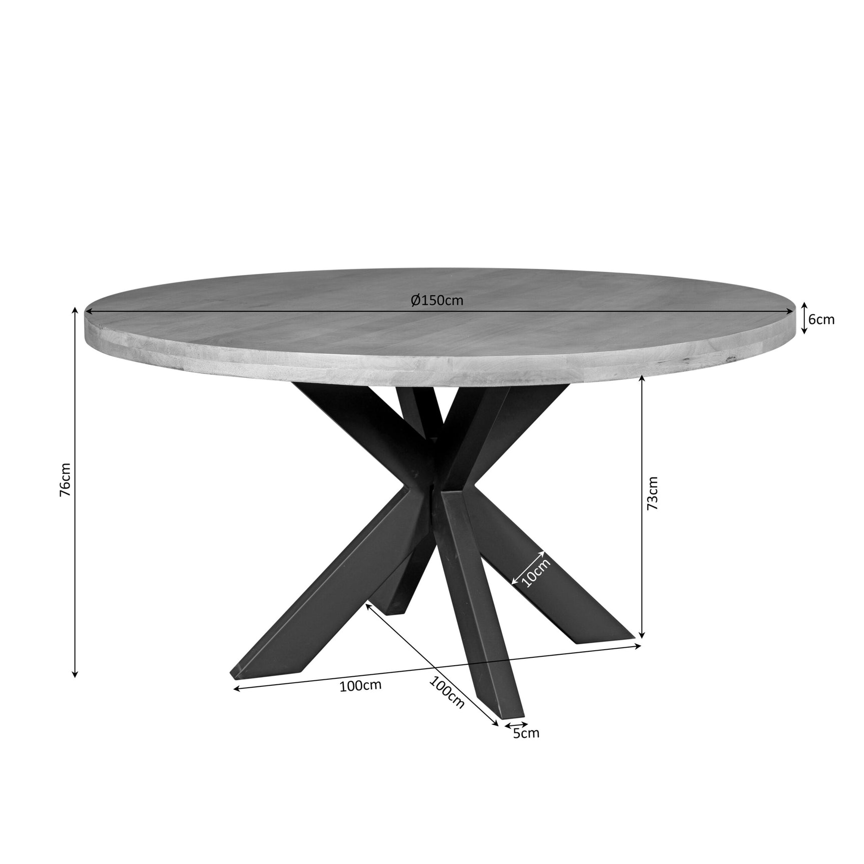 Ronde eettafel met houten blad, zwarte metalen pootstel en maatvoering