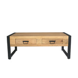 Rechthoekige eettafel met twee laden, licht hout en zwart metalen poten