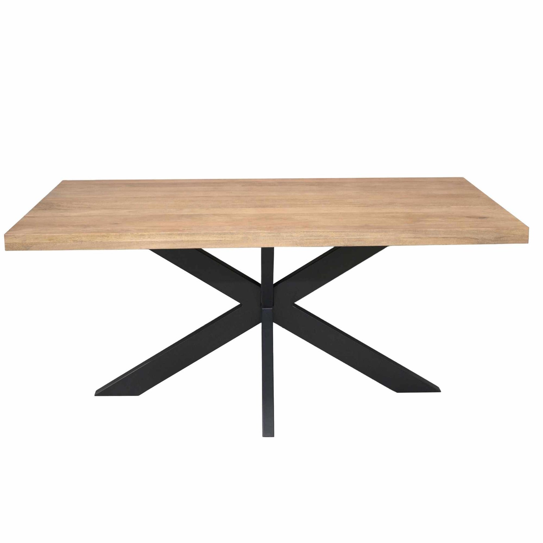 Rechthoekige eettafel met licht houten blad en zwart kruispoot-onderstel