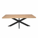Rechthoekige eettafel met licht houten blad en zwarte kruisvormige poot