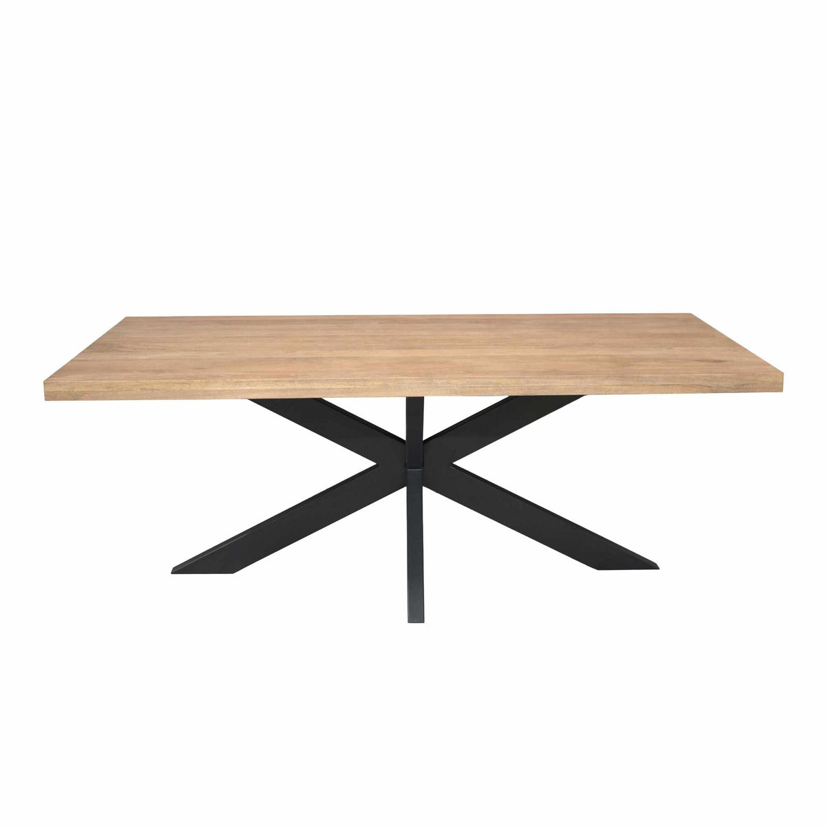 Rechthoekige eettafel met licht houten blad en zwarte kruisvormige poot
