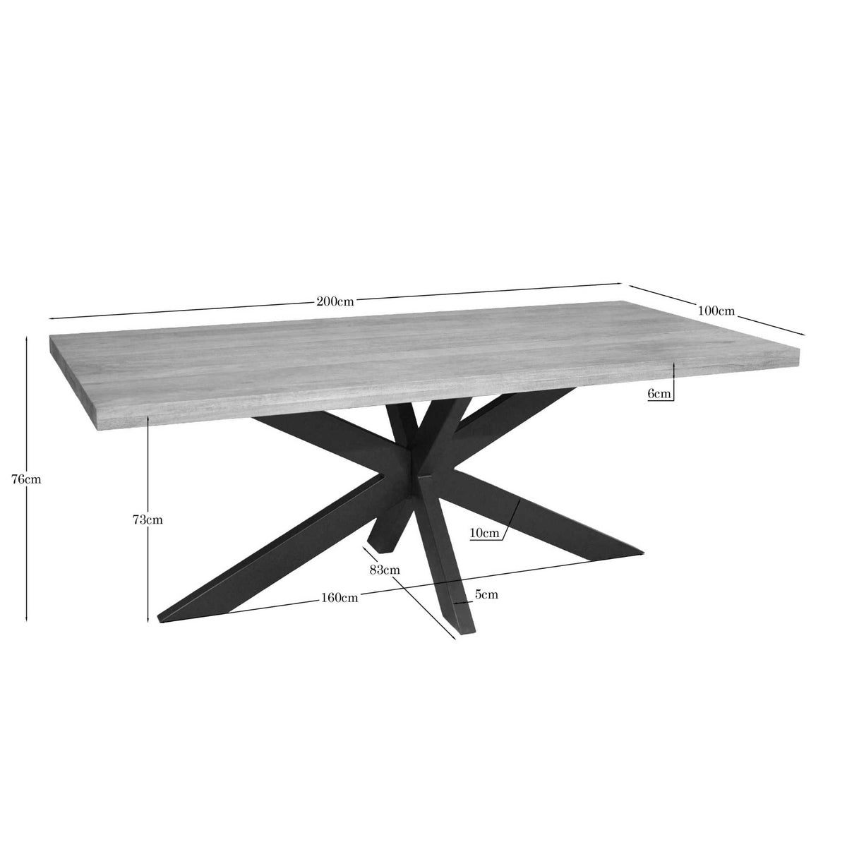 Eettafel met rechthoekig blad, afmetingen 200×100 cm en zwarte kruispoot