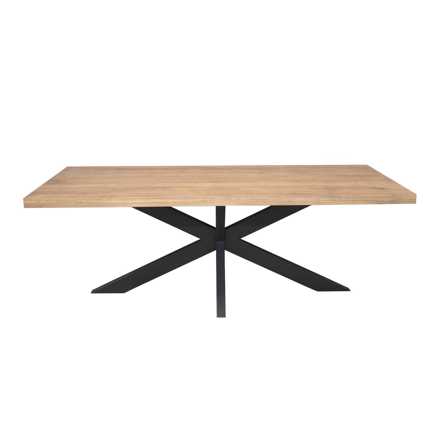 Rechthoekige eettafel met licht houten blad en zwart onderstel met kruispoot.