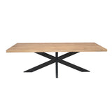 Rechthoekige eettafel met licht houten blad en zwarte kruispoot van staal